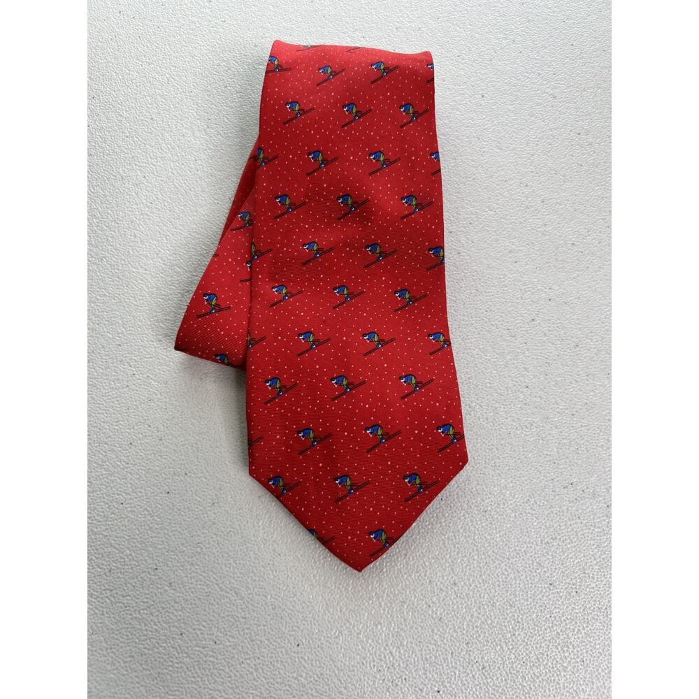 Lands' End Red, Blue Winter Skier Pattern 100% Silk Hand Sewn in USA Tie NWOT